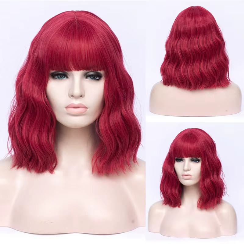 Perruque Synthétique Courte et Bouclée avec Frange pour Femme, Cheveux Longs Ondulés, Vert, Violet, 