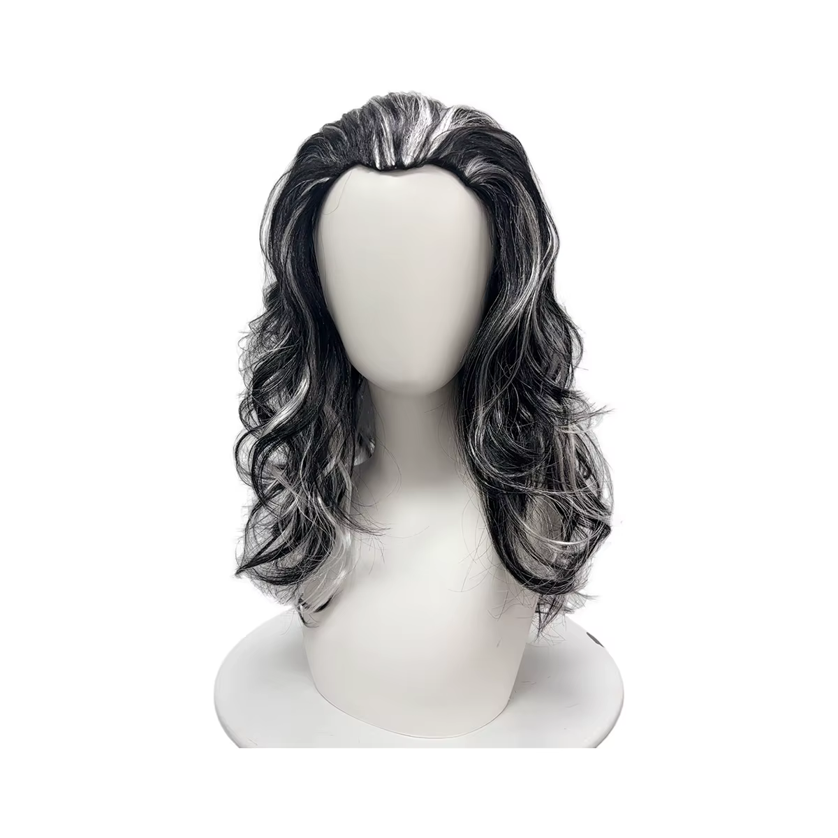 Perruque synthétique ondulée moyenne noire et blanche avec mèches, raie au milieu, unisexe, pour cos