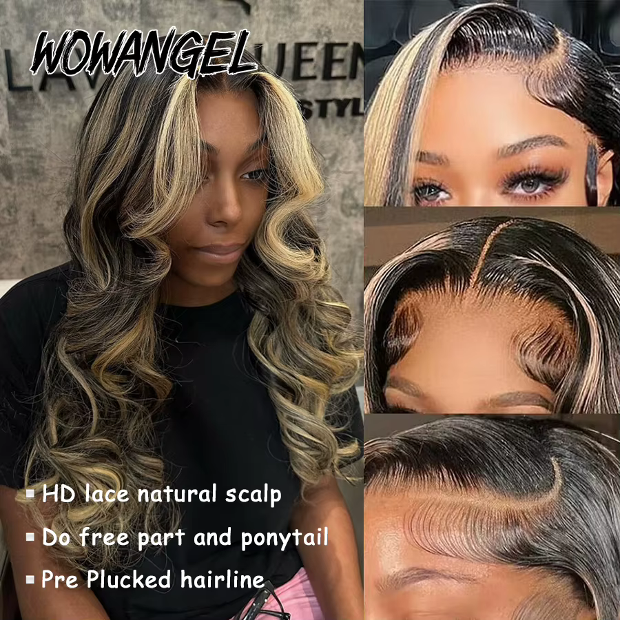Wow Angel 1B27 Ombre mettre en évidence couleur 250% cheveux humains dentelle frontale perruques vag