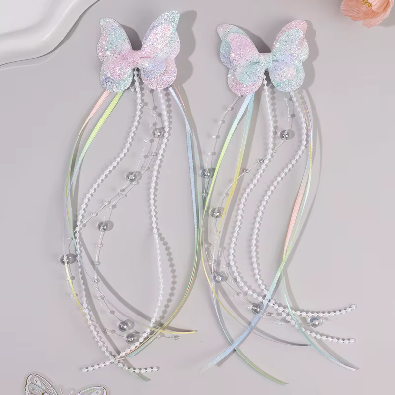 Pince à cheveux à paillettes papillon arc-en-ciel pour enfants, 2 pièces, ruban de perles, pince à c