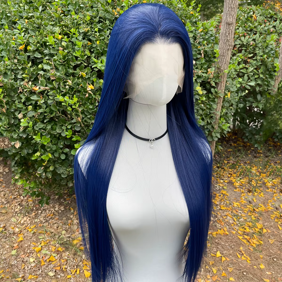 Perruque Lace Front Wig synthétique bleu foncé 13x4, 26 pouces, longue et lisse, nouée à la main, de