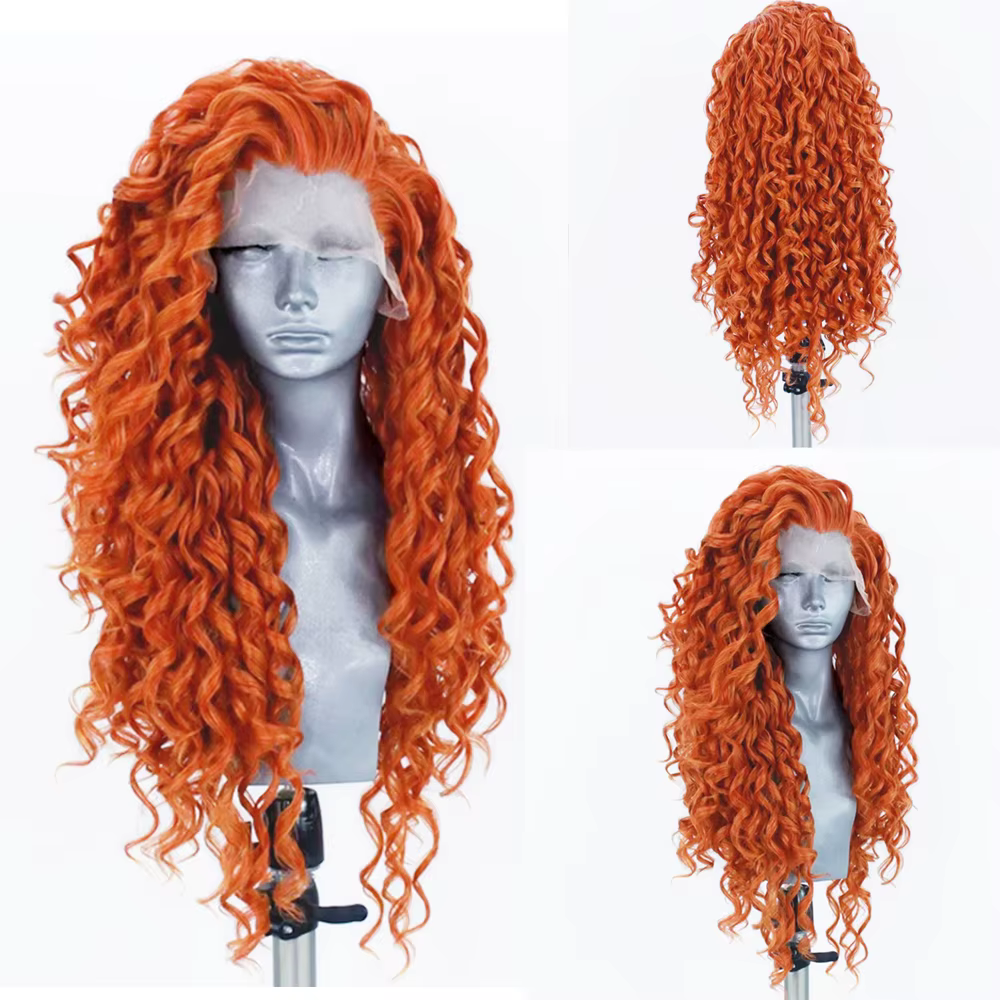 RONGDUOYI – perruque Lace Front Wig synthétique Orange, cheveux bouclés, en Fiber résistante à la ch