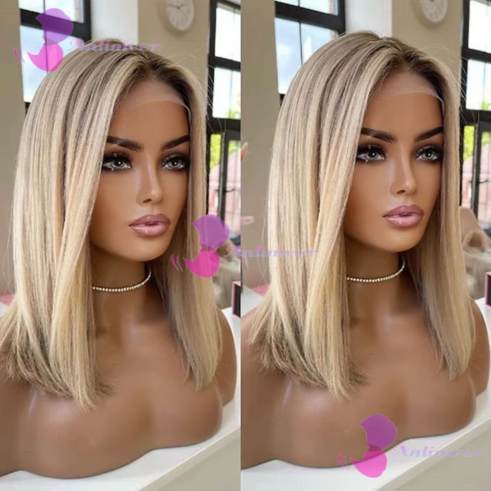 Perruques courtes bob en cheveux humains Balayage Brun Blond sans colle 13x4 Lace Front avec ligne d