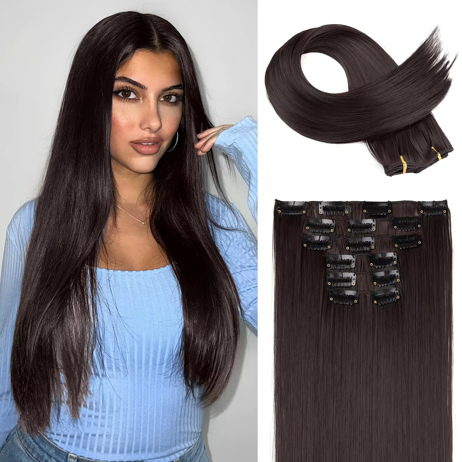 6 extensions de cheveux lisses à clipser pour femmes - Postiche synthétique résistant à la chaleur a