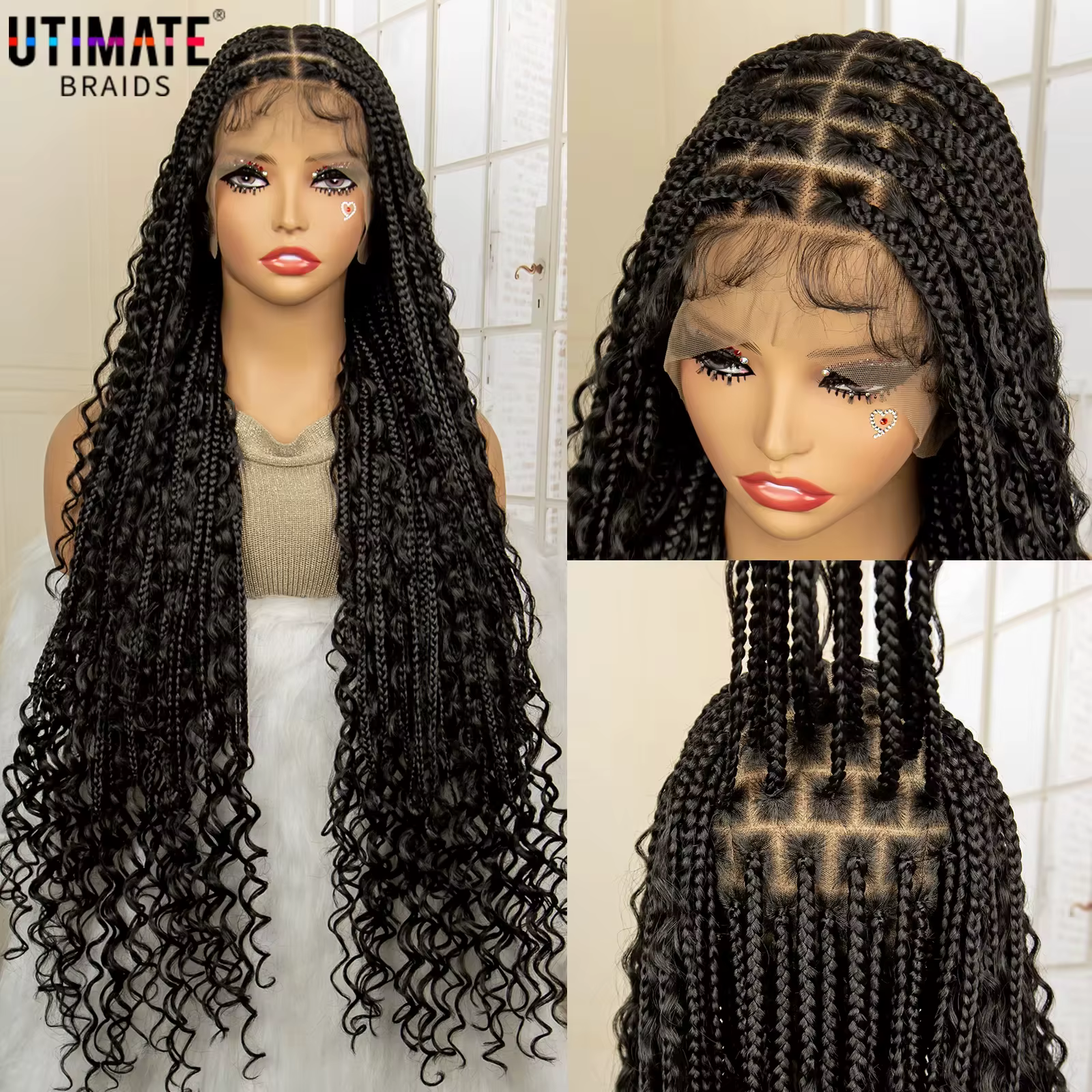 Perruques tressées Boho longues de 36 pouces avec cheveux de bébé, perruque synthétique pleine dente