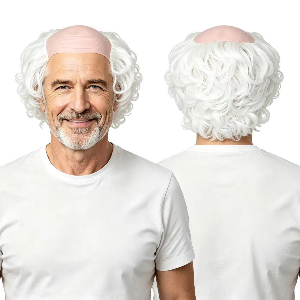 Perruque Einstein pour hommes, perruque blanche bouclée avec effet de calotte, perruque de scientifi