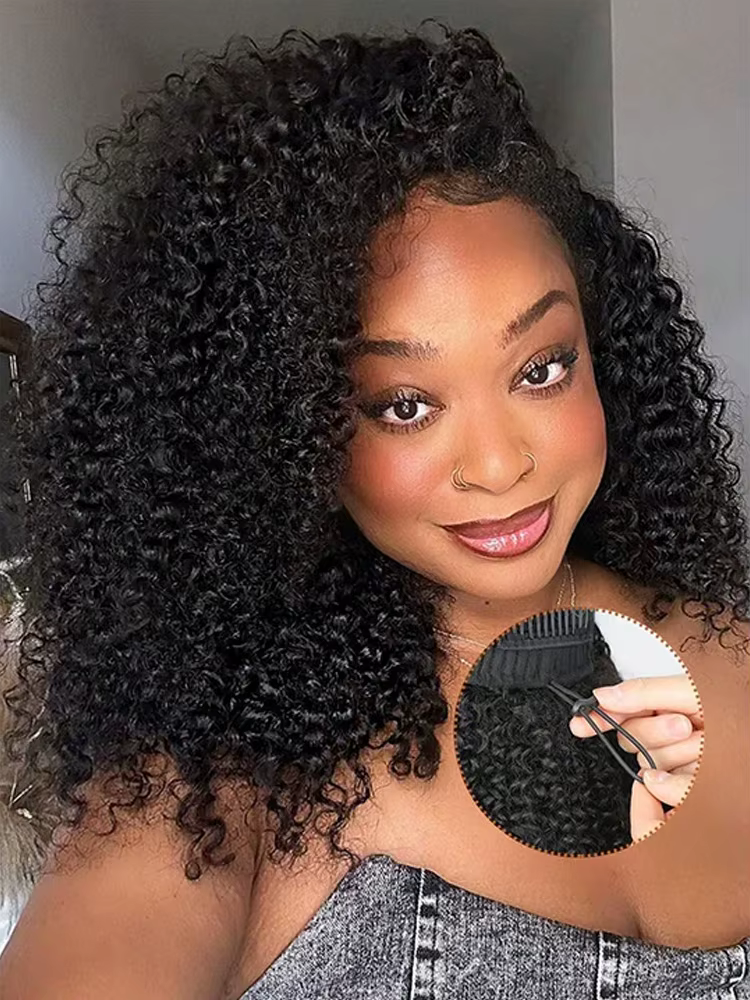 Perruques mi-tête à 300 % de densité avec cordon de serrage, perruques sans colle en cheveux humains