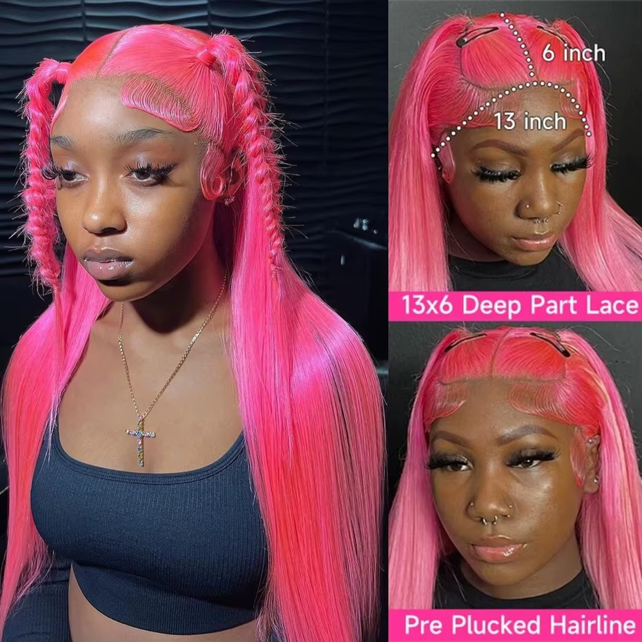 Perruques Lace Front en cheveux humains 13x6 rose vif, pré-épilées, ultra-lisses, avec dentelle tran