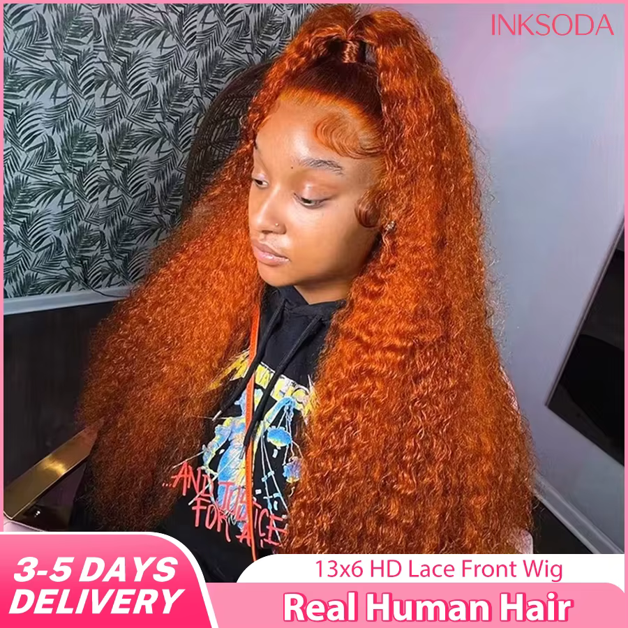 Perruque frontale bouclée Deep Wave de 36 pouces, couleur gingembre-orange, transparente 13x6 HD, en