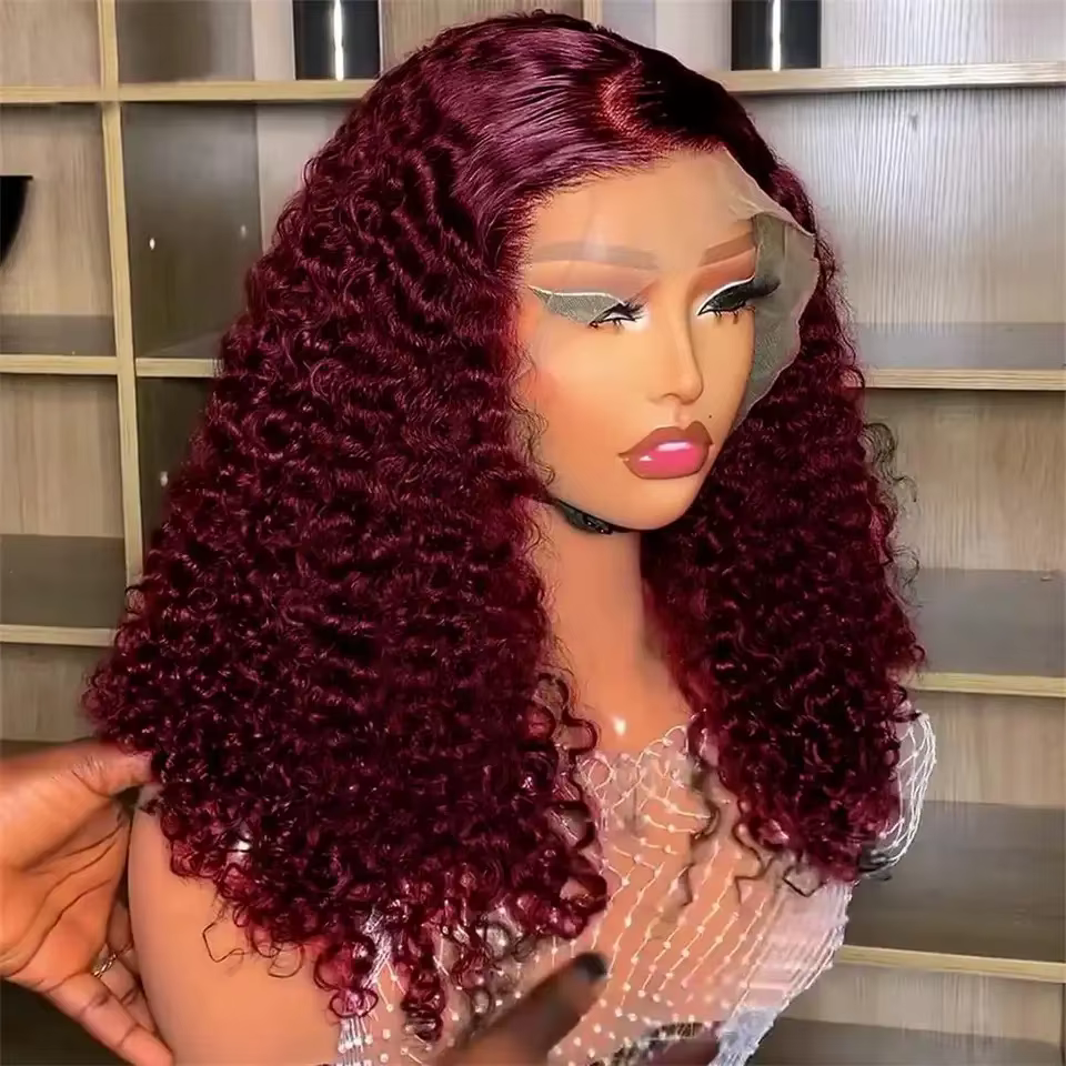 Perruque Lace Front Wig synthétique bouclée caution-99J, perruque Bob courte, rouge bordeaux, coupe 