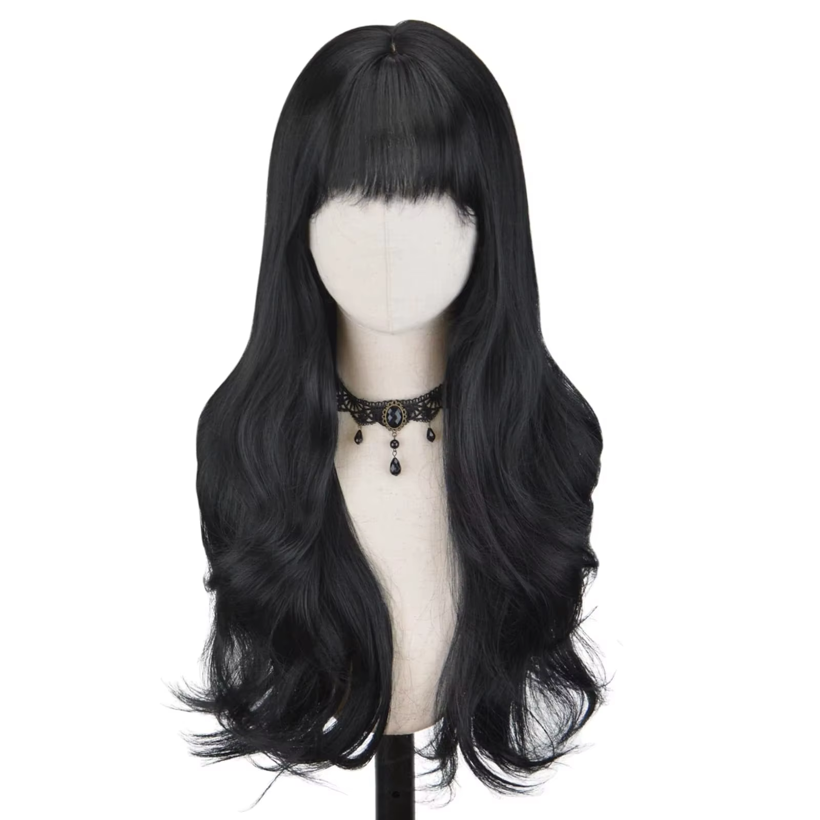 Perruque synthétique noire avec grandes vagues pour fête, cosplay d'Halloween, usage quotidien, acce