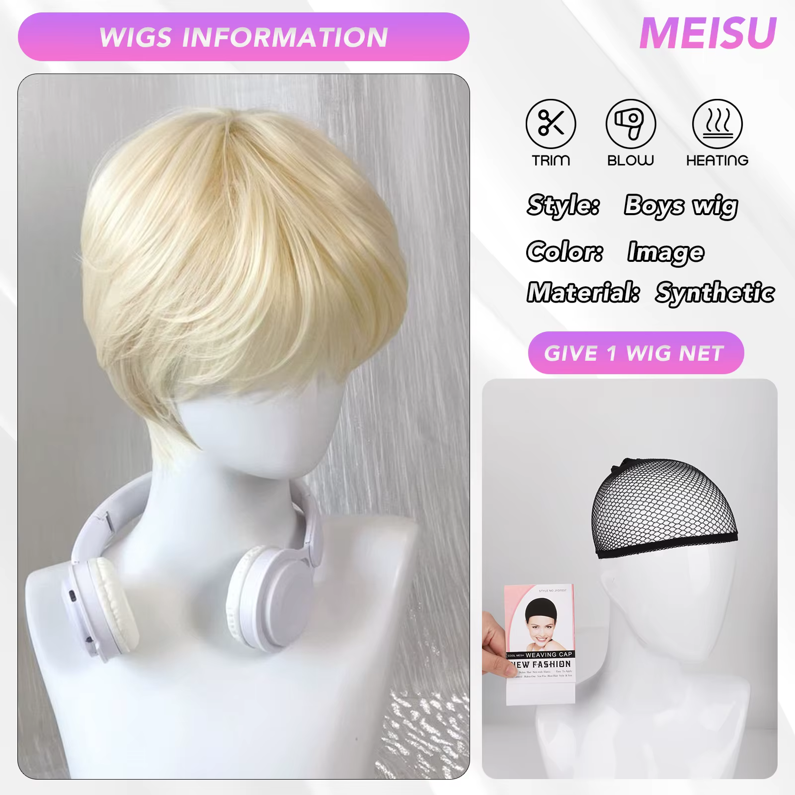 MEISU 10 pouces frange droite perruque Cool Boy fibre synthétique couches cheveux résistant à la cha