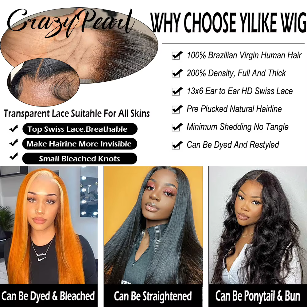 Perruques Lace Front 13x6 en Cheveux Humains pour Femmes, Densité 250%, HD Transparentes, Lisses, Pr