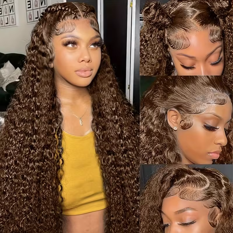 Perruque en cheveux humains Deep Wave Invisi Strap 360 HD Lace Front, brésilienne, Water Wave, marro