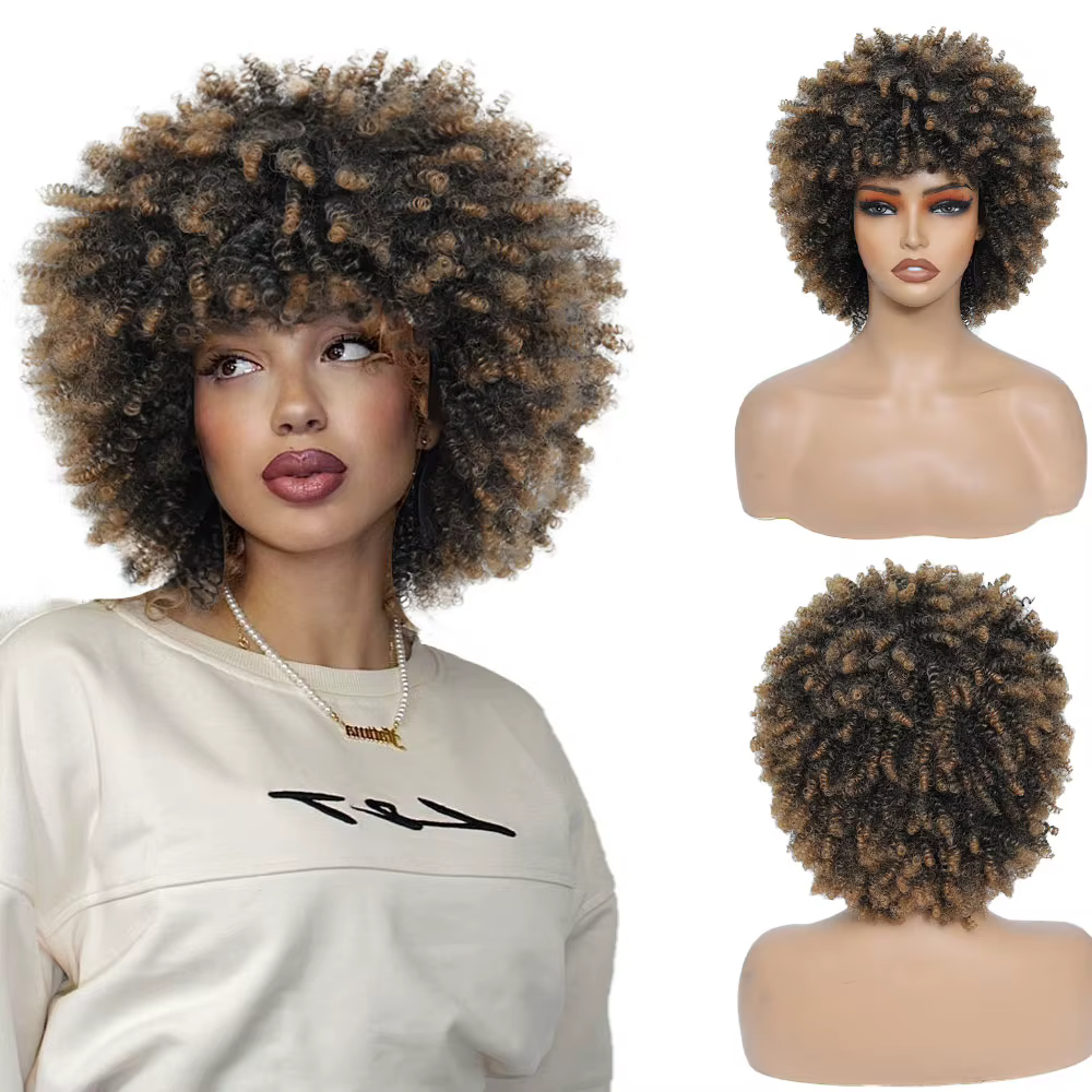 Perruques Afro crépues bouclées avec frange, cheveux synthétiques, perruque Afro courte et moelleuse