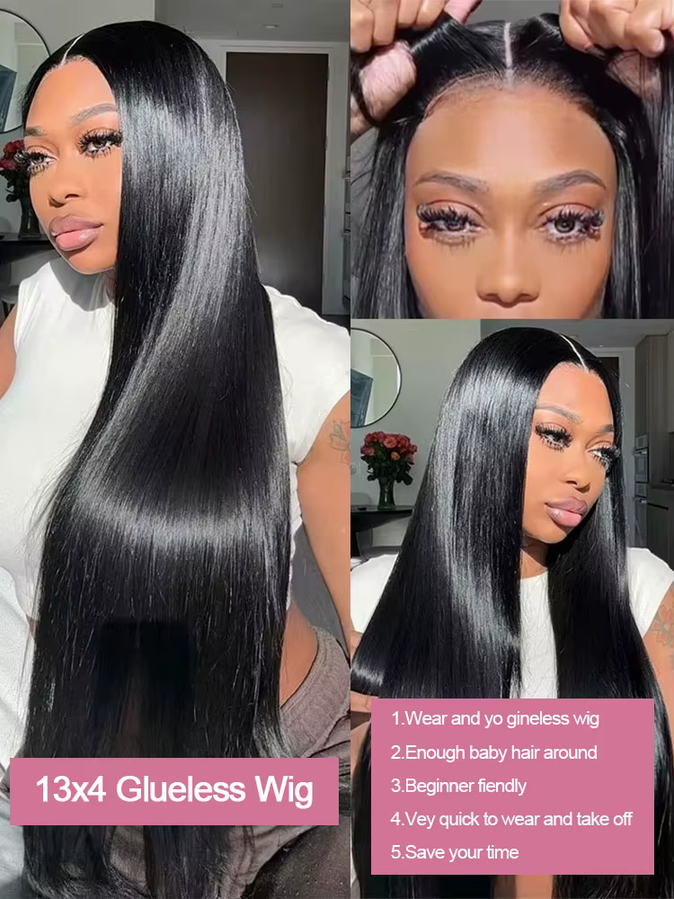 Perruque en cheveux humains lisses 40-46 pouces, prête à porter, sans colle, avec dentelle pré-coupé