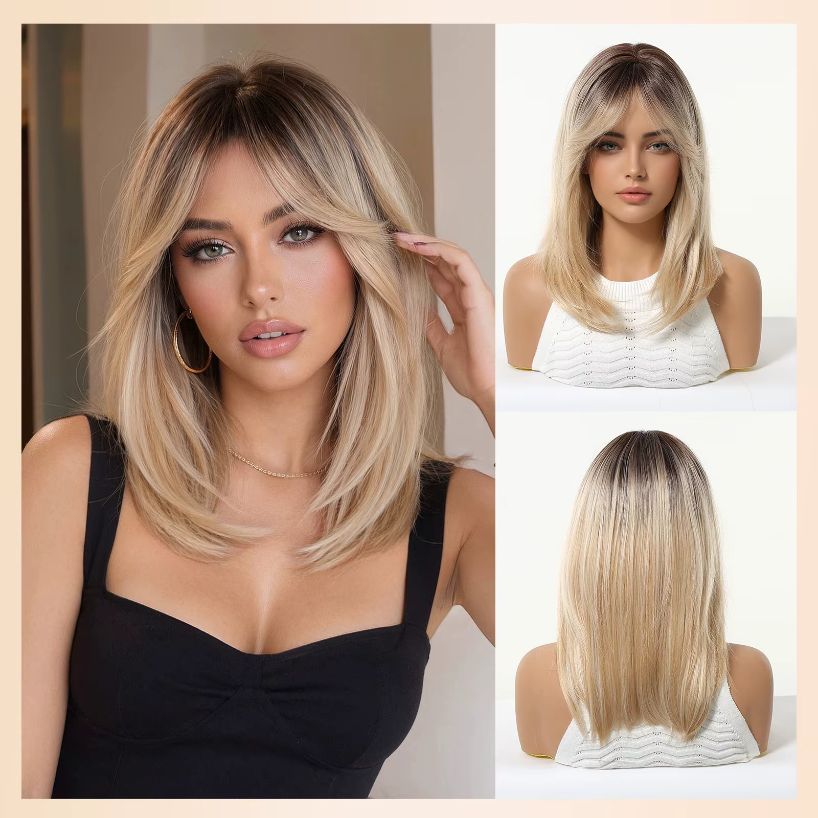 Perruque longue et droite ombrée blond-brun pour femmes avec frange douce, en fibre synthétique rési