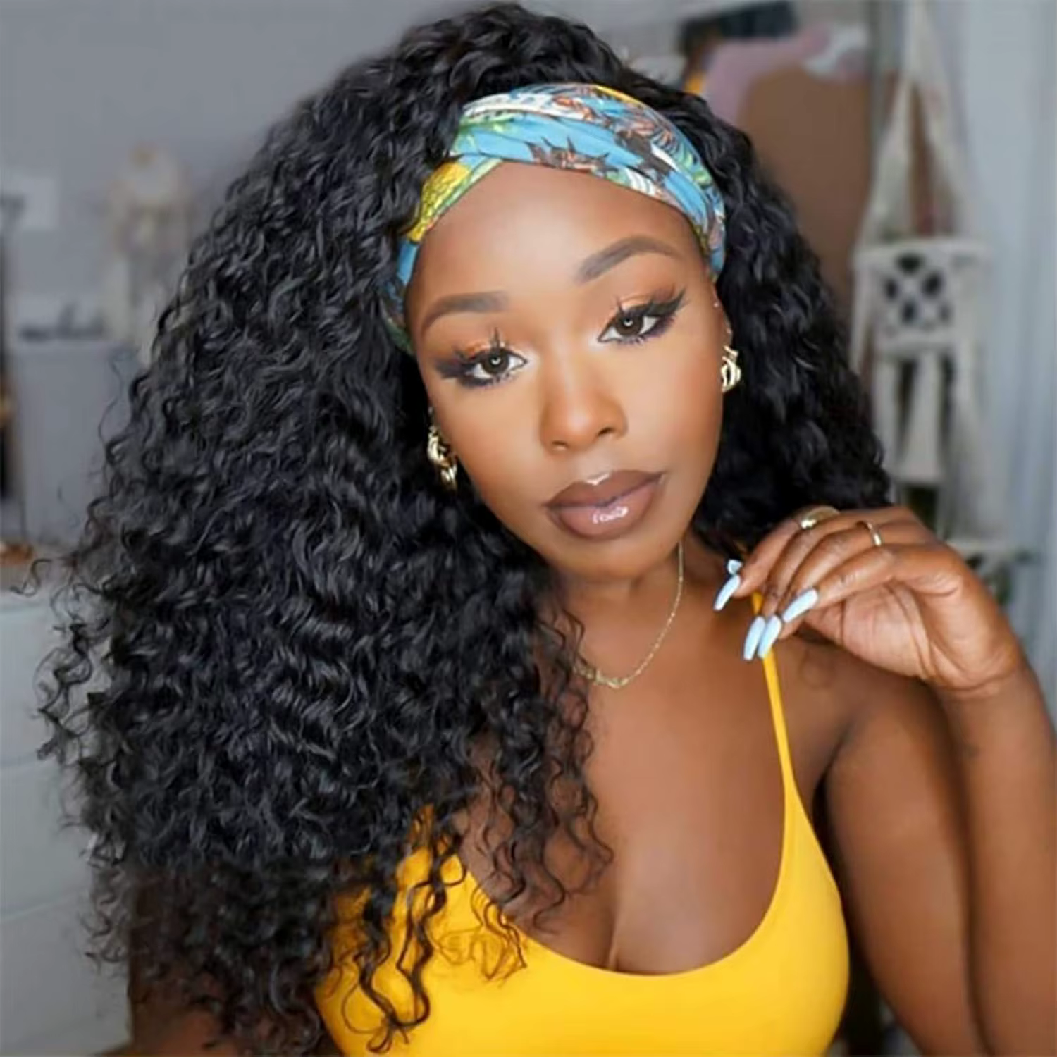 Perruque Brésilienne Naturelle avec Bande de Sauna, Cheveux Bouclés Profonds, Sans Colle, Densité 18