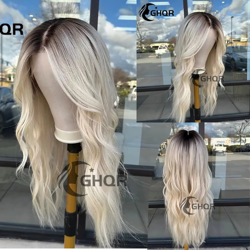Perruques blond platine cheveux humains vague naturelle 13x4 avant de lacet perruques brun racines f