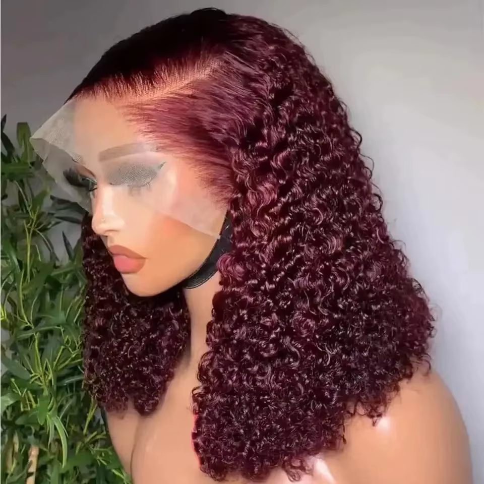 Perruque Lace Front Wig synthétique bouclée profonde, couleur bordeaux 99J, coupe Bob courte, 13x4x1