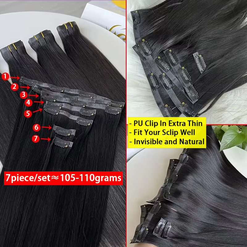 15A pince sans couture Ins cheveux humains raides 100% Extensions de cheveux humains non transformés