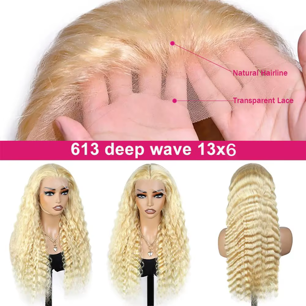 Perruques de vague profonde cheveux humains avant de lacet 613 13x6 HD Transparent bouclés 200% dens