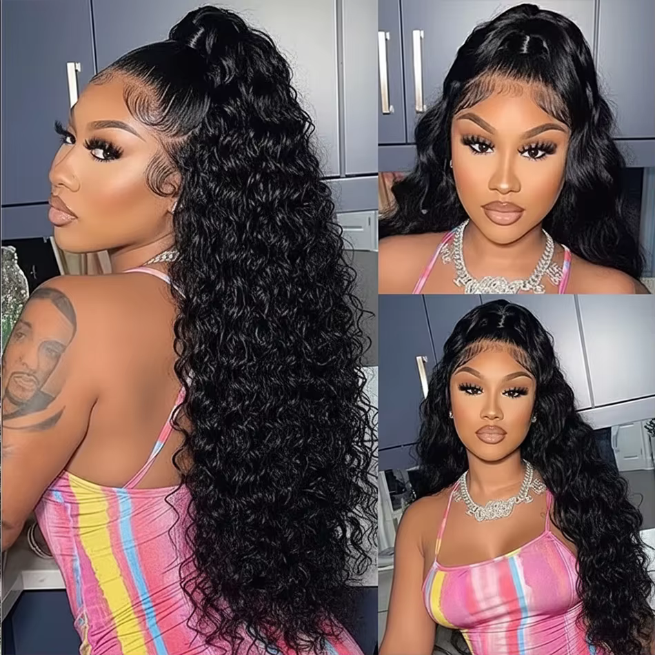 Perruque Lace Frontal Wig 360 HD sans colle, cheveux naturels, Deep Wave, 22 à 30 pouces, pre-plucke