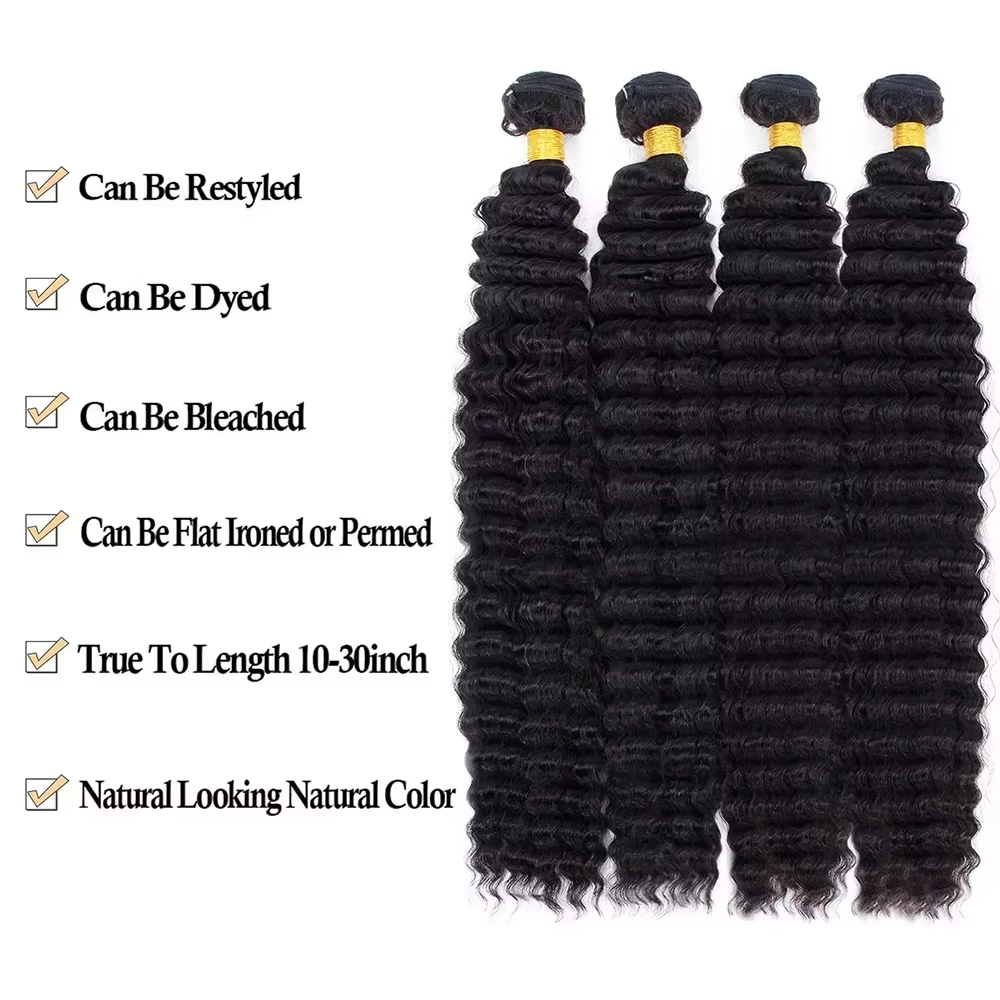 Extensions de cheveux brésiliens Remy, ondulés profonds, couleur naturelle, 38-40 pouces, non traité