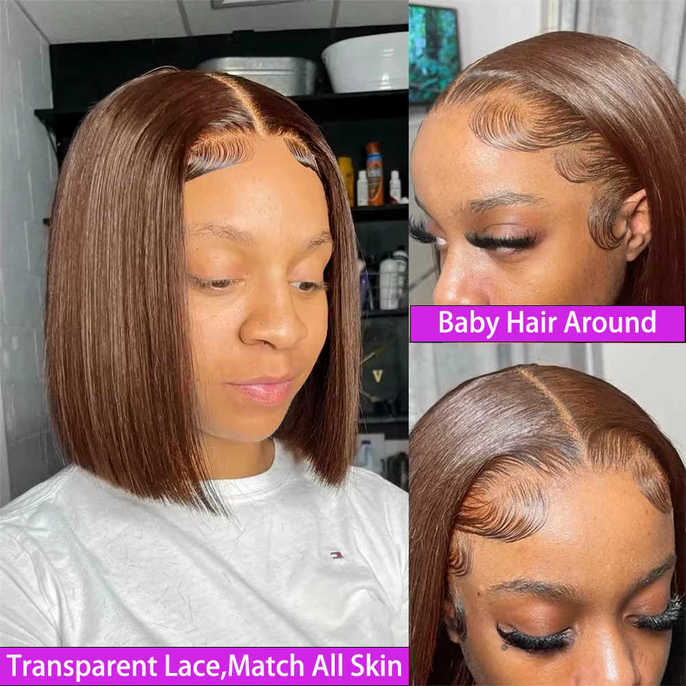 Perruque Bob Courte Vietnamienne 100% Cheveux Humains Couleur Brun Chocolat 13x4 Full Lace Frontal D