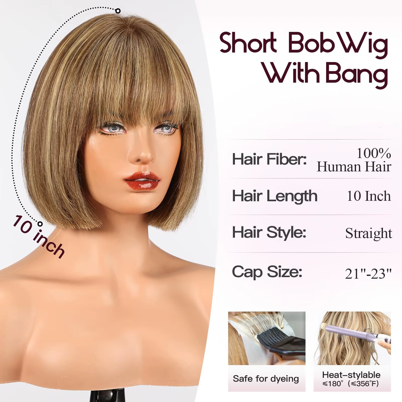 Bob brun mélangé blond Remy cheveux humains pour les femmes naturel droite perruques courtes avec fr