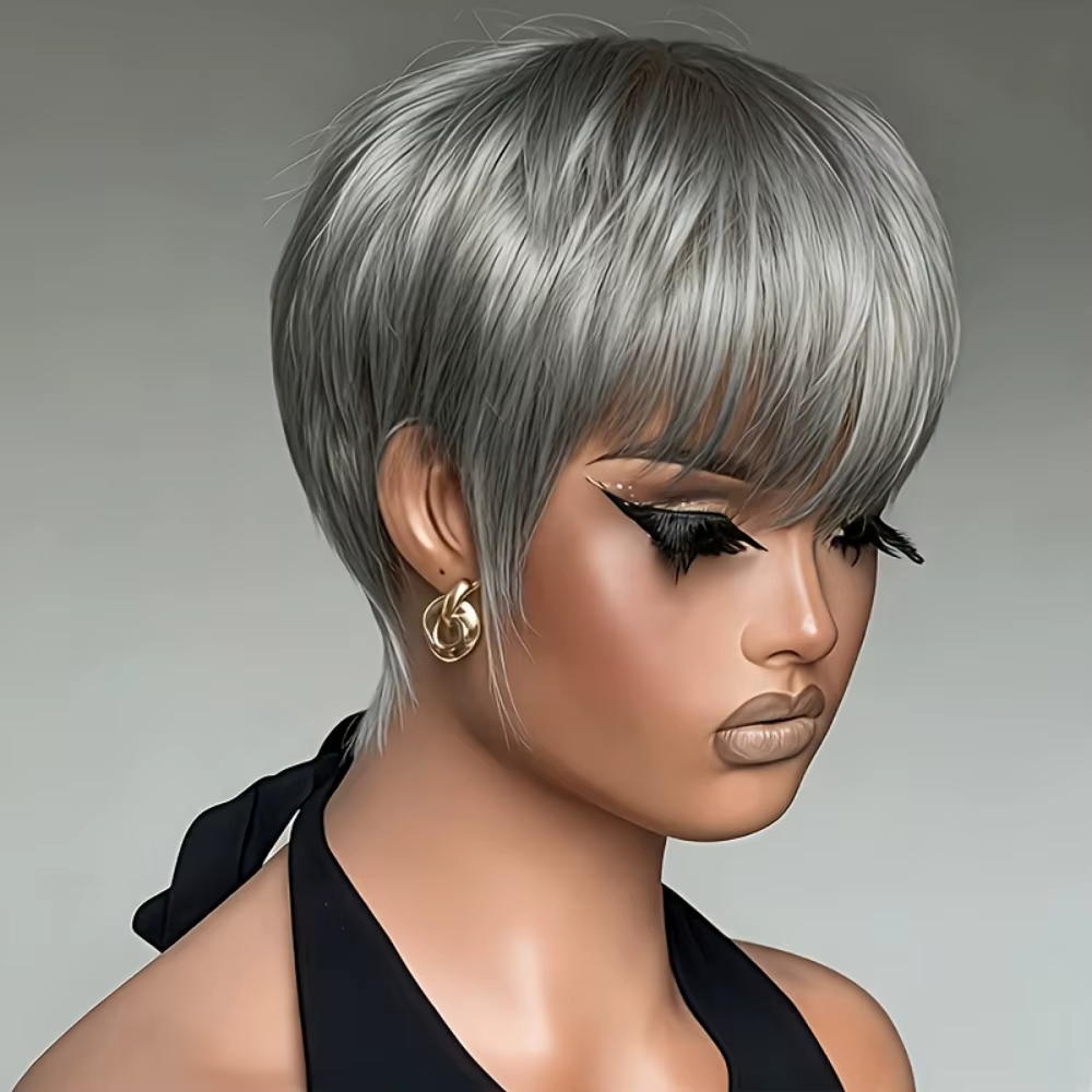 Perruque de cheveux humains - Pixie courte de 6 pouces avec gris #   Couleur, aspect naturel de dens
