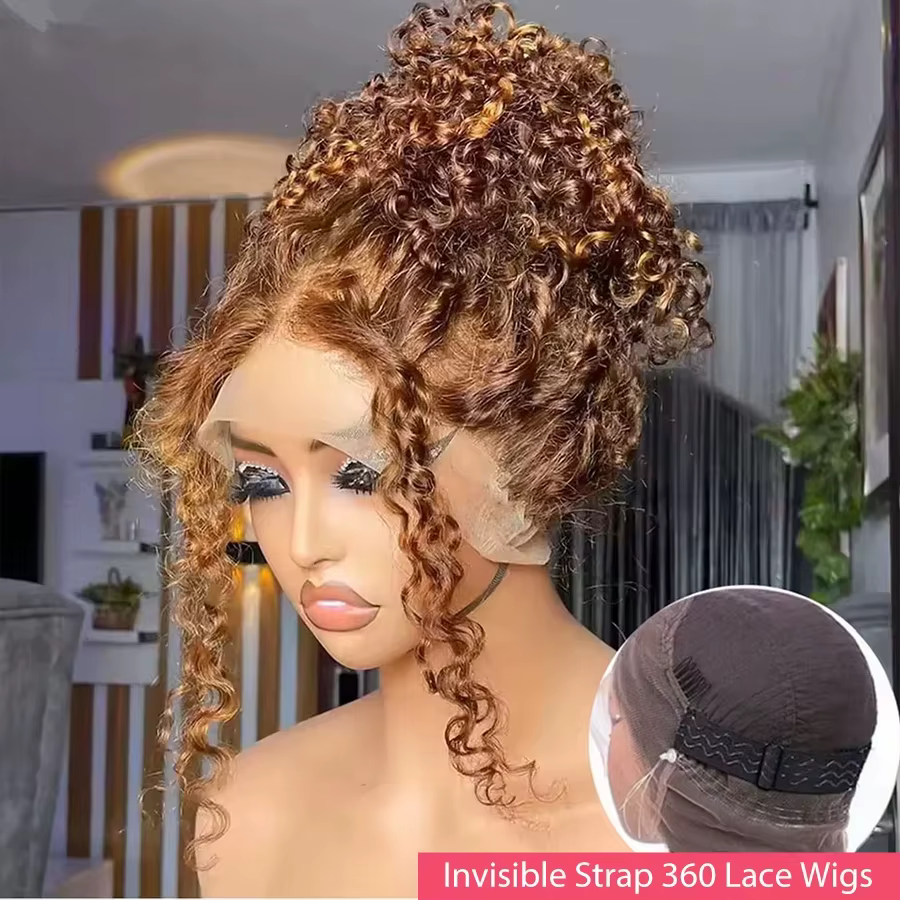 SANMAO Perruque bouclée 4/27 densité 200% avec dentelle 360, cordon de serrage invisible, ondulation
