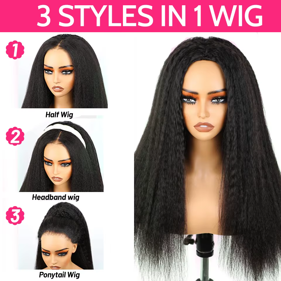 ISEE cheveux demi perruques crépus droites sans colle perruques cheveux humains mise à niveau 3 en 1