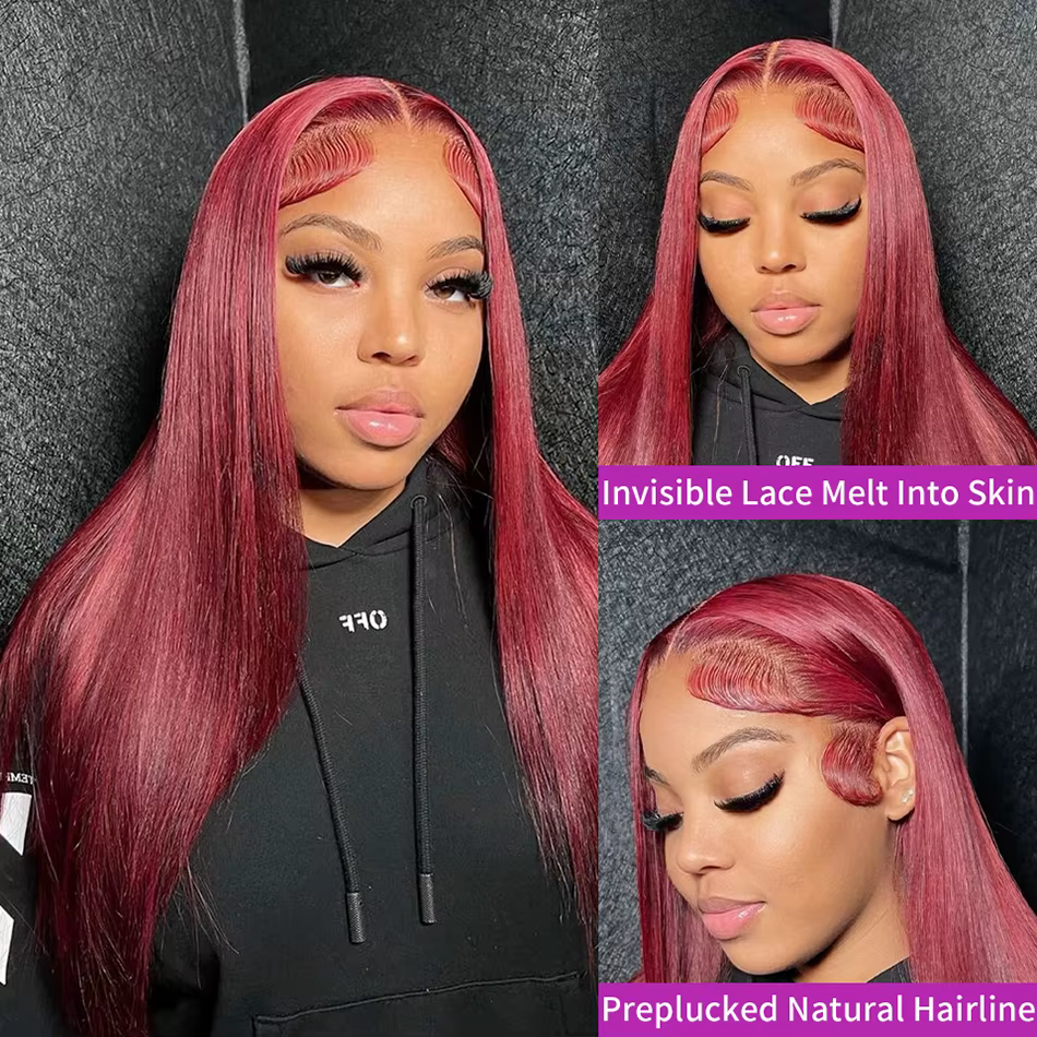 Perruque Lace Front Wig naturelle brésilienne, cheveux lisses, rouge bordeaux 99J, 13x6, 30 40 pouce