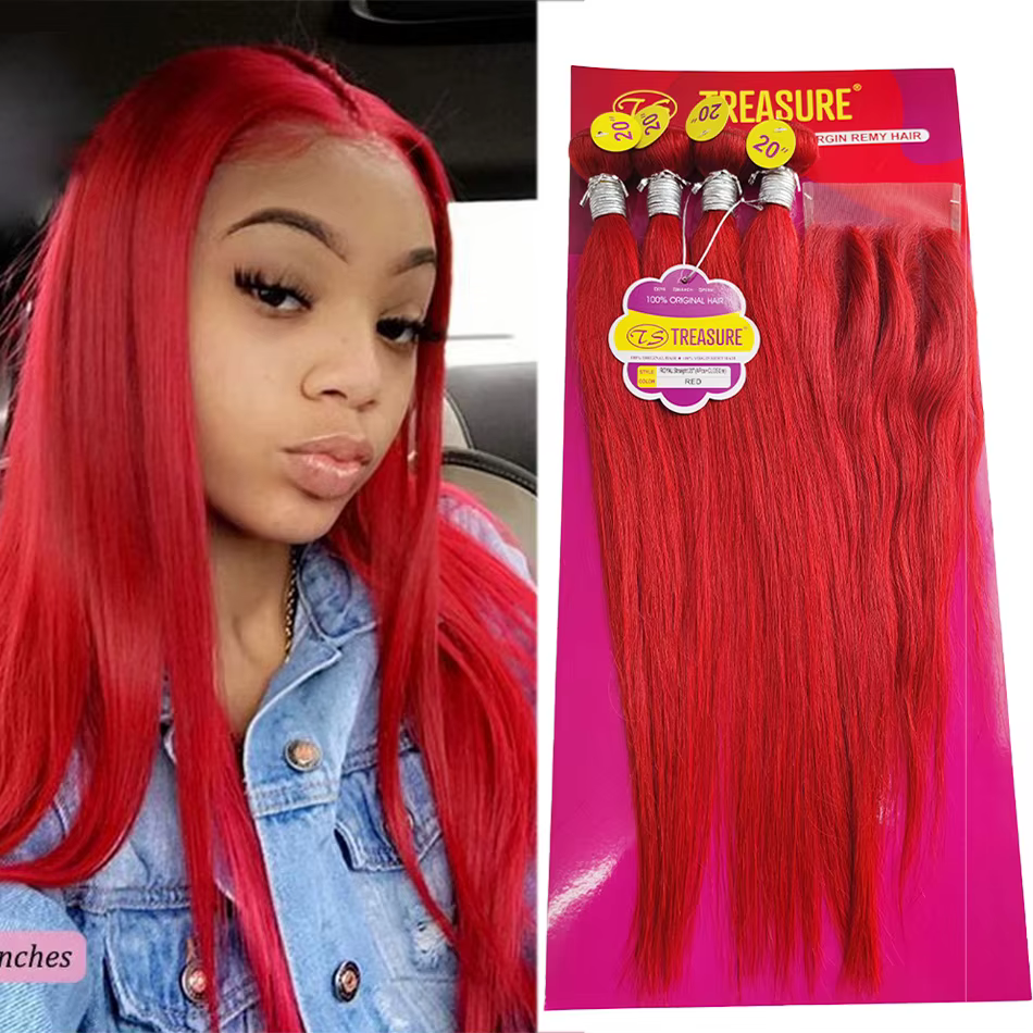 Paquets droits rouges avec fermeture 4*4 avec des cheveux de bébé dentelle transparente tissage de c