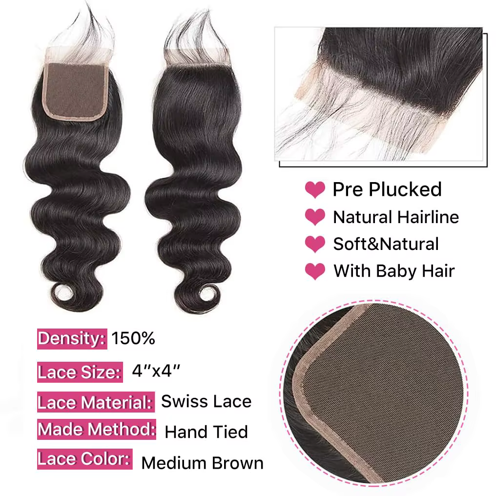 Extensions de cheveux humains avec closure, ondulation naturelle, 100% vierges brésiliennes, 3 paque