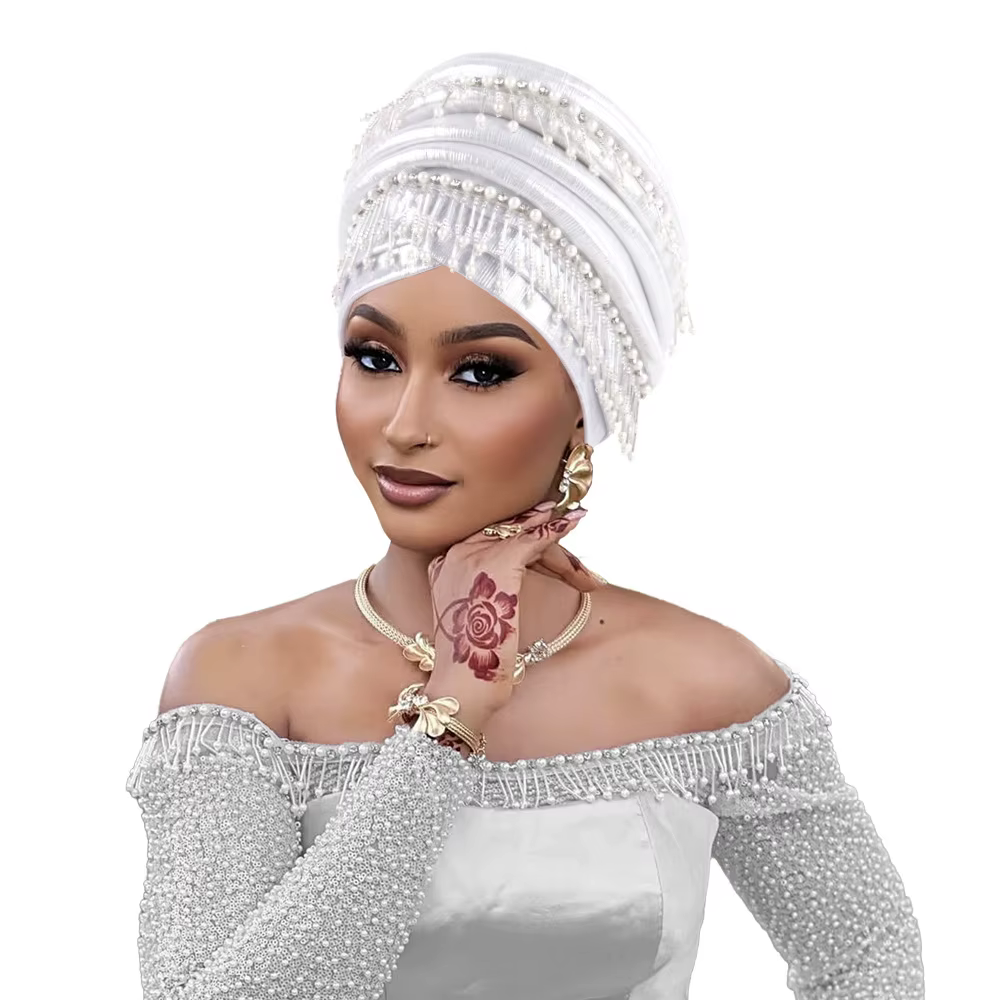 Couvre-chef africain femmes perles glands Turban casquette mariage nigérian Auto Gele fête casque tê