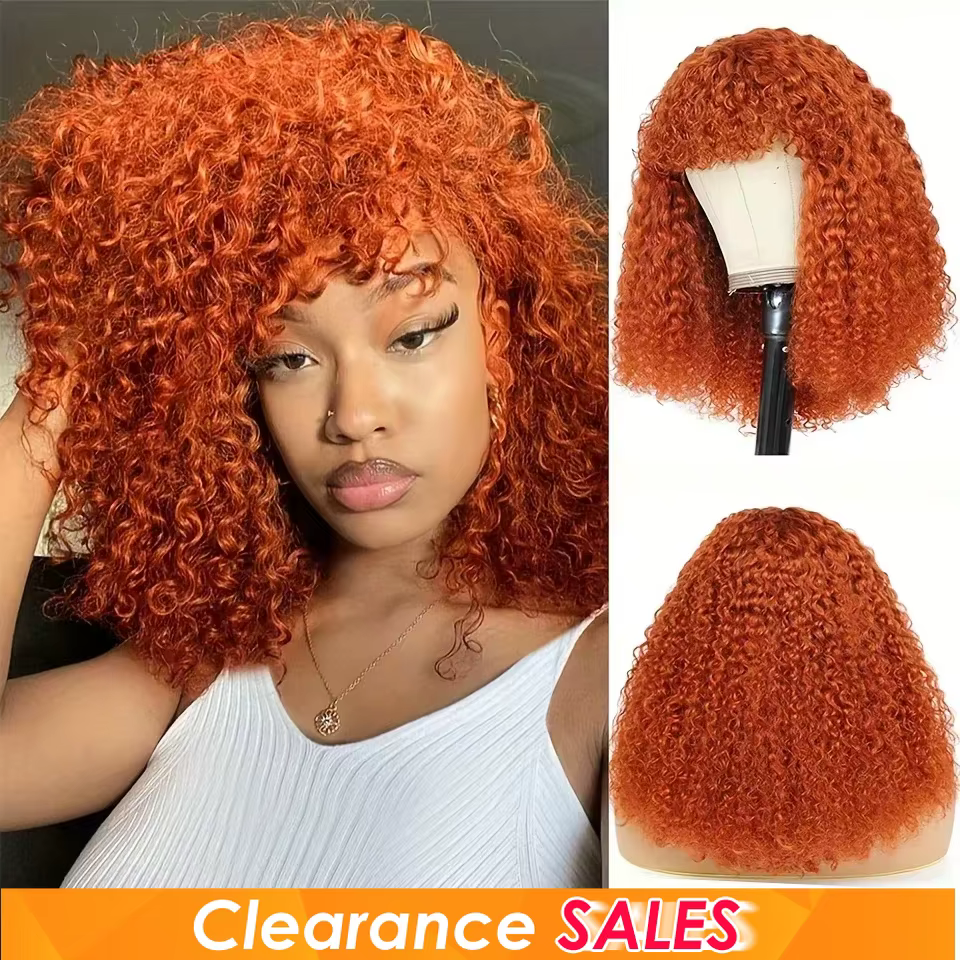 Gingembre Jerry bouclés court Pixie Bob coupe Remy perruques de cheveux humains avec frange miel blo