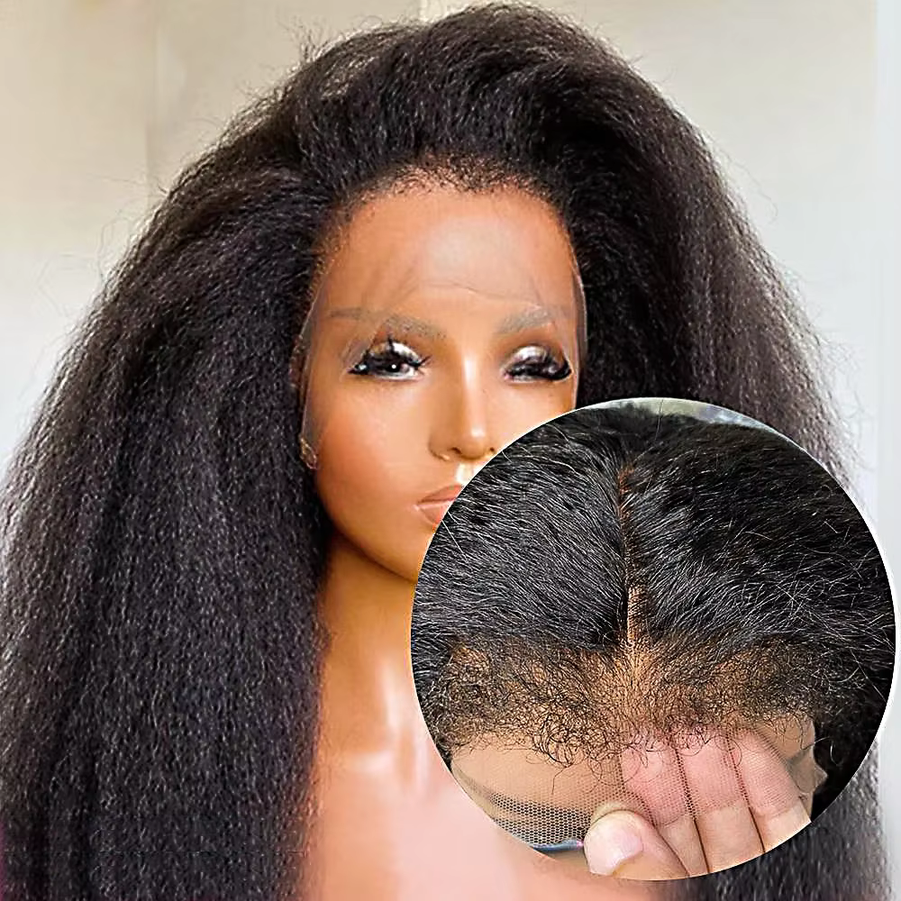 Perruque Kinky Straight avec bords bouclés 4C, perruque frontale en dentelle HD 13x6, cheveux humain