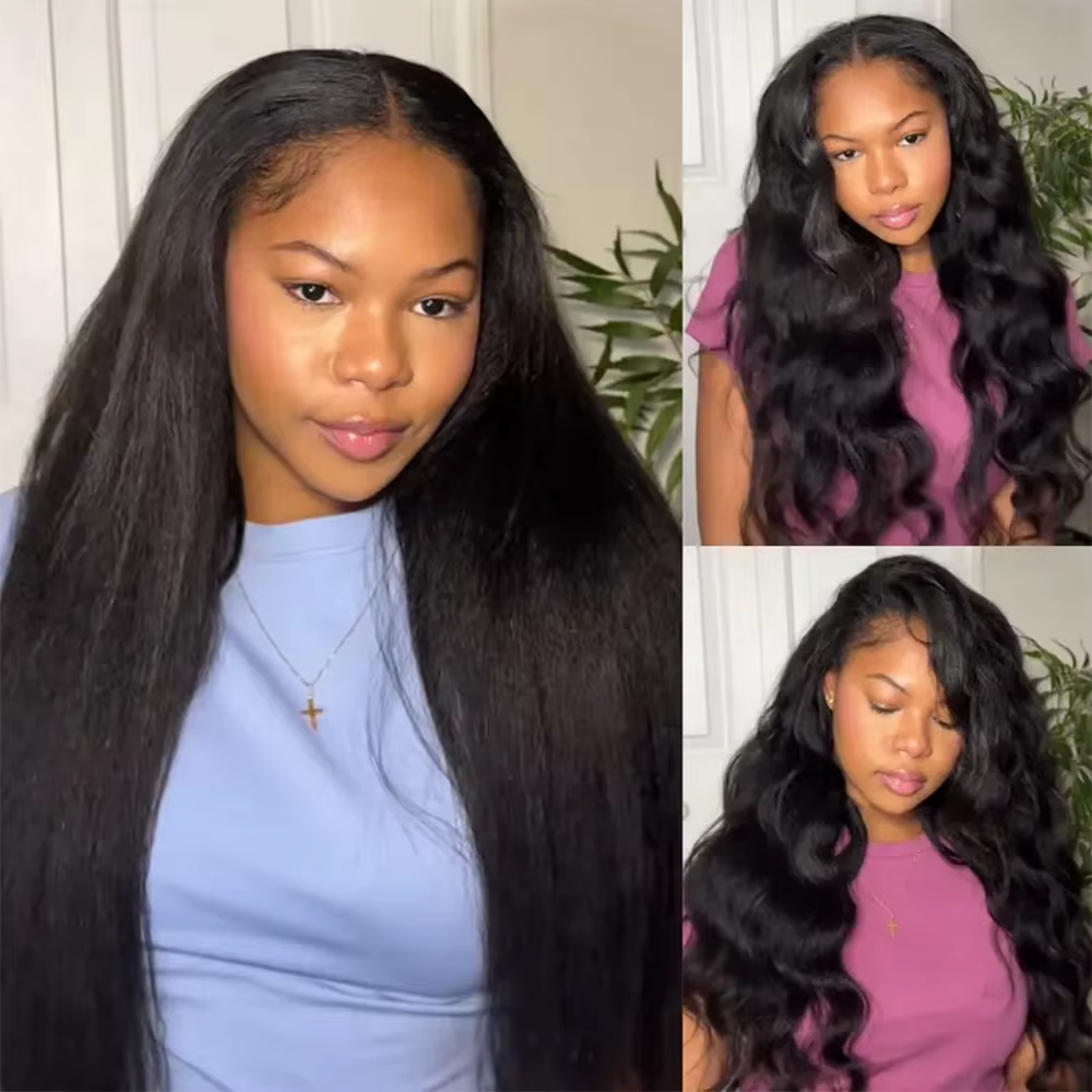 Perruques en cheveux humains lisses crépus sans colle, modèle V, avec cordon de serrage, sans besoin