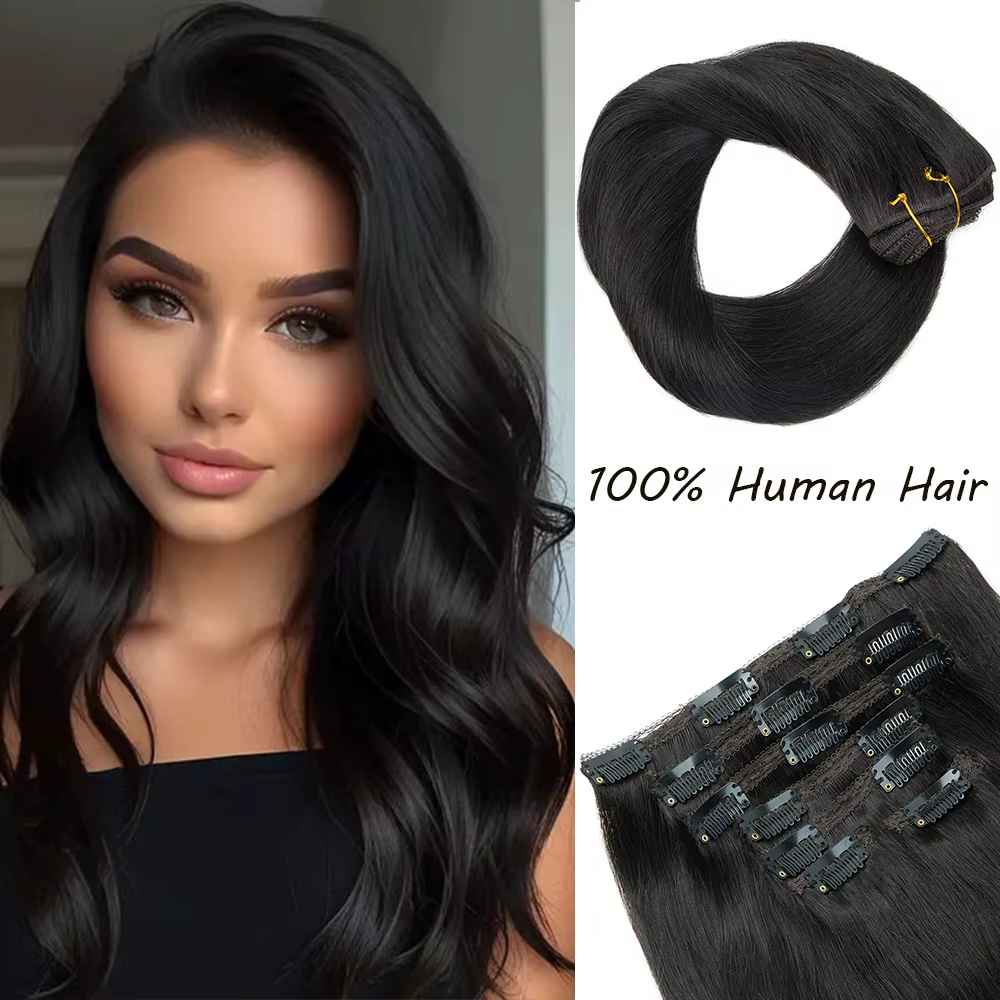 Extensions de cheveux humains à clipser, Double trame, Naturel, Noir, Marron, Extensions de cheveux 