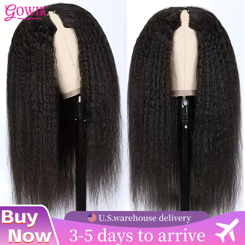 Perruque Yaki lisse crépue avec raie en V, cheveux naturels sans colle, couleur noire naturelle, san
