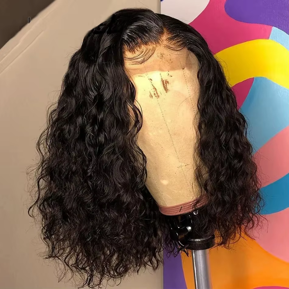 Perruque courte bob Water Wave en cheveux humains vierges brésiliens, effet mouillé et ondulé, sans 