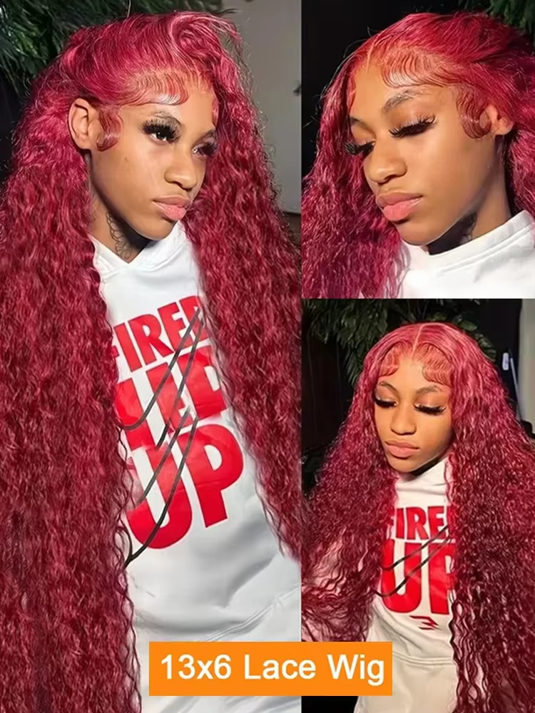 Perruque Lace Front Wig Naturelle Bouclée, Cheveux Humains, Couleur Rouge Bordeaux 99J, 13x6, 13x4,