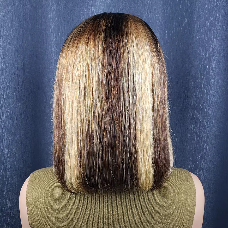 Perruque Bob Lace Front Wig naturelle à reflets blond chocolat, cheveux courts et lisses, coupe Pixi