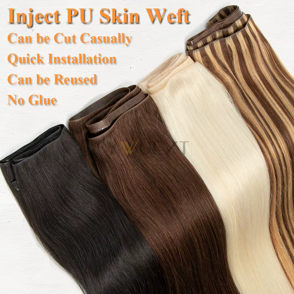 Faisceaux de cheveux de trame de peau en PU injectés, ruban long invisible, vrais cheveux naturels, 