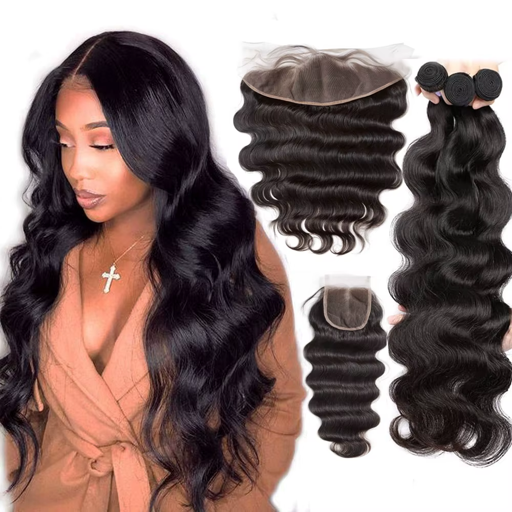 Lots de Cheveux Humains Péruviens Non Traités Ondulés avec Closure Frontale Invisible Effet Peau Mou