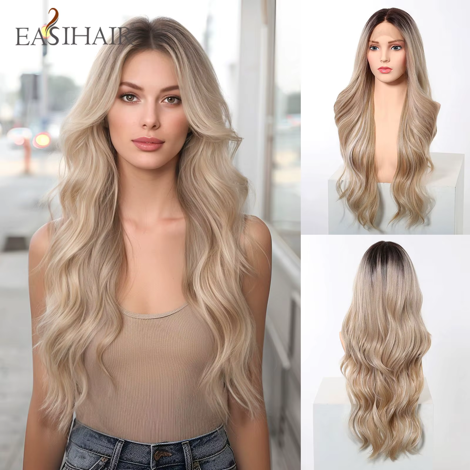 EASIHAIR – perruques synthétiques Lace Front HD ondulées longues pour femmes, perruques blondes ondu