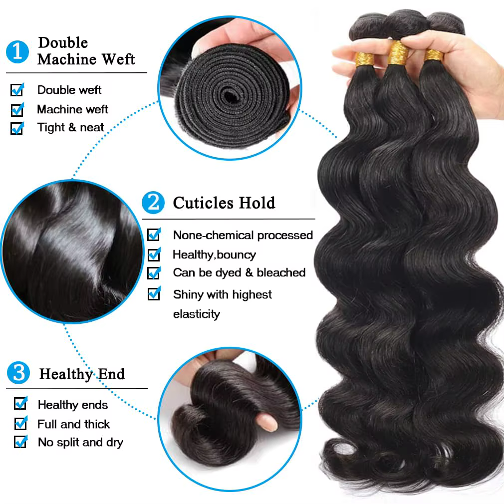 Extensions brésiliennes Body Wave avec closure en dentelle 13x4, cheveux humains véritables, 3 mèche