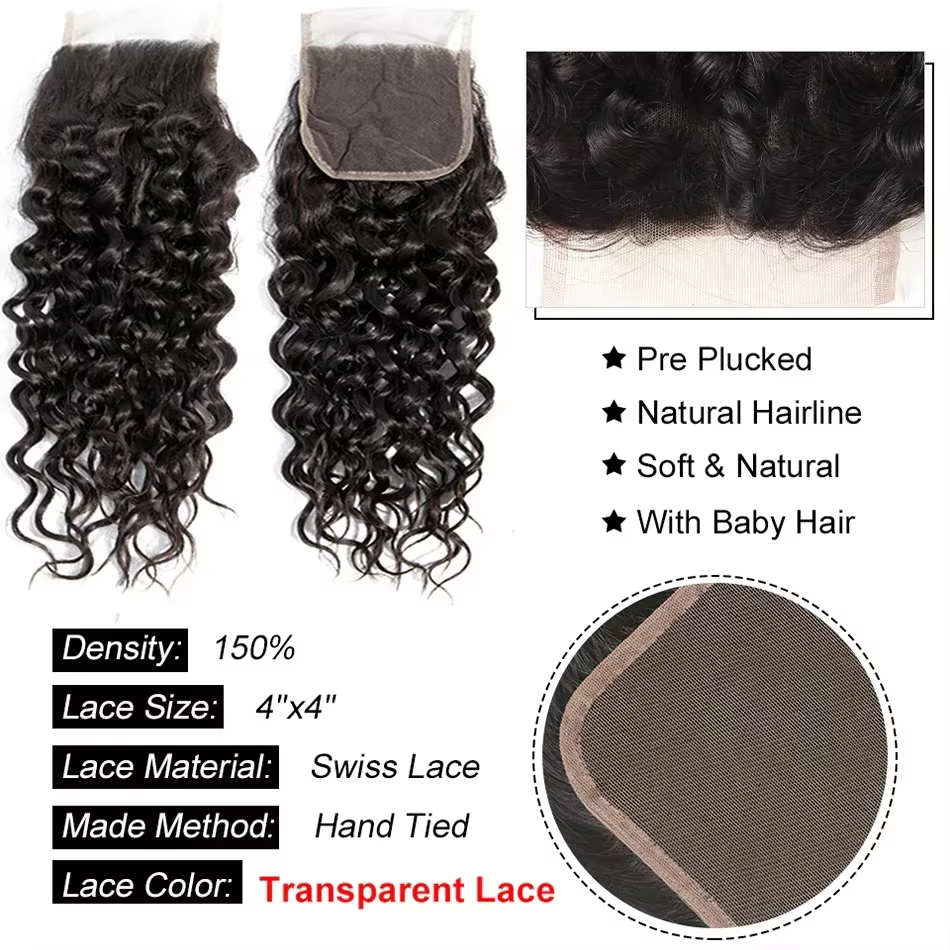 Extensions de cheveux humains malaisiens ondulés avec closure en dentelle, tissage de cheveux humain